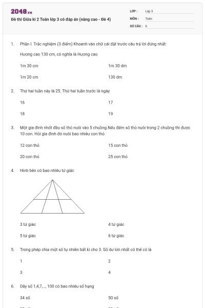 Đề thi Giữa kì 2 Toán lớp 3 có đáp án (nâng cao - Đề 4)