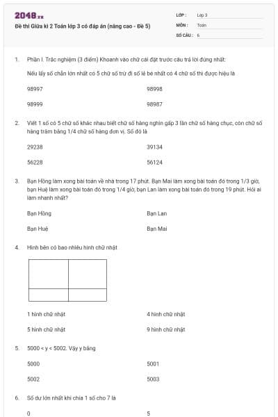 Đề thi Giữa kì 2 Toán lớp 3 có đáp án (nâng cao - Đề 5)