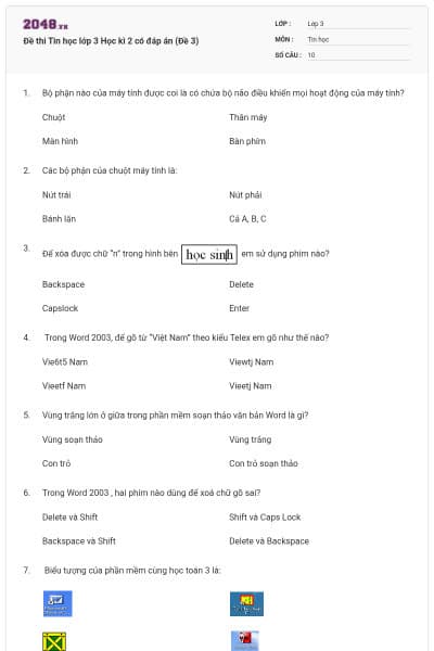 Đề thi Tin học lớp 3 Học kì 2 có đáp án (Đề 3)