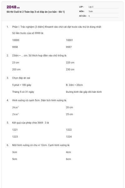Đề thi Cuối kì 2 Toán lớp 3 có đáp án (cơ bản - Đề 1)