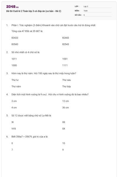 Đề thi Cuối kì 2 Toán lớp 3 có đáp án (cơ bản - Đề 2)