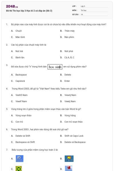 Đề thi Tin học lớp 3 Học kì 2 có đáp án (Đề 3)
