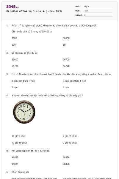 Đề thi Cuối kì 2 Toán lớp 3 có đáp án (cơ bản - Đề 3)