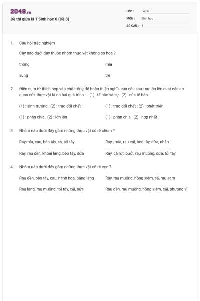 Đề thi giữa kì 1 Sinh học 6 (Đề 3)