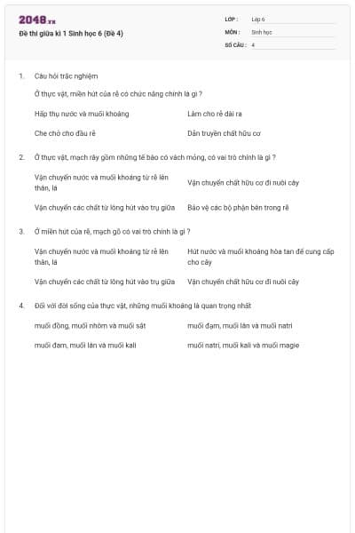 Đề thi giữa kì 1 Sinh học 6 (Đề 4)