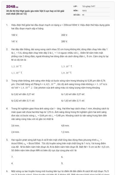 30 đề thi thử thpt quốc gia môn Vật lí cực hay có lời giải mới nhất (Đề số 12)
