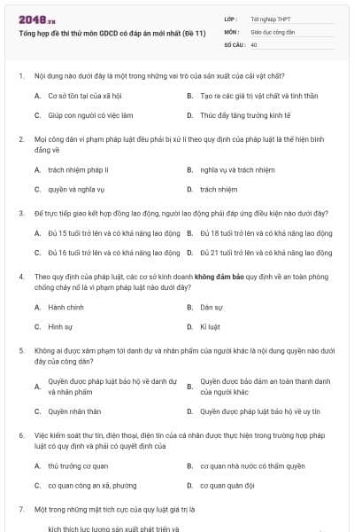 Tổng hợp đề thi thử môn GDCD có đáp án mới nhất (Đề 11)