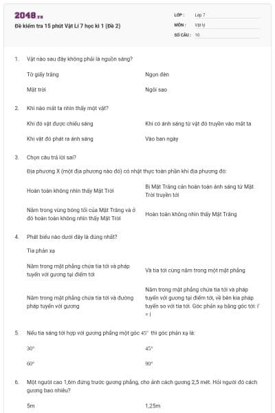 Đề kiểm tra 15 phút Vật Lí 7 học kì 1 (Đề 2)
