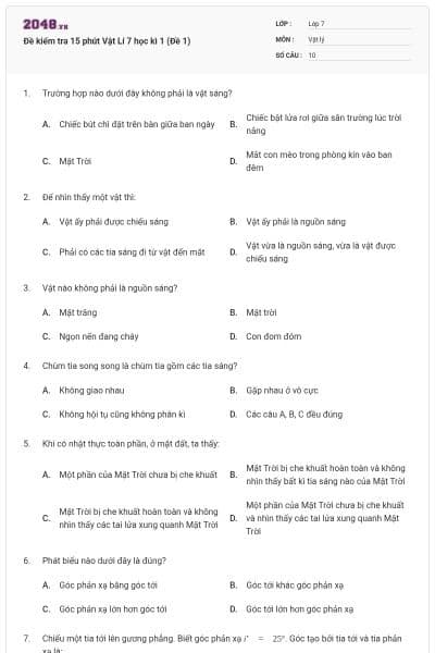 Đề kiểm tra 15 phút Vật Lí 7 học kì 1 (Đề 1)