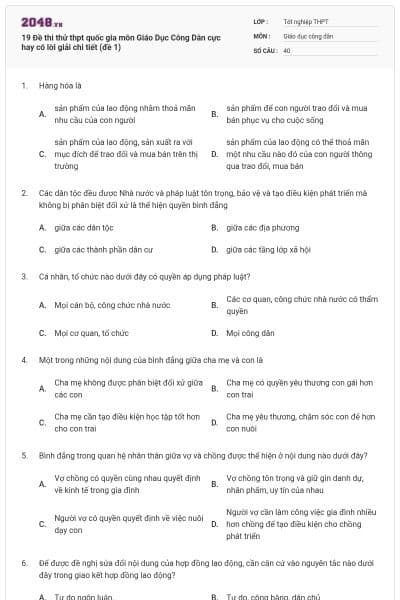 19 Đề thi thử thpt quốc gia môn Giáo Dục Công Dân cực hay có lời giải chi tiết (đề 1)