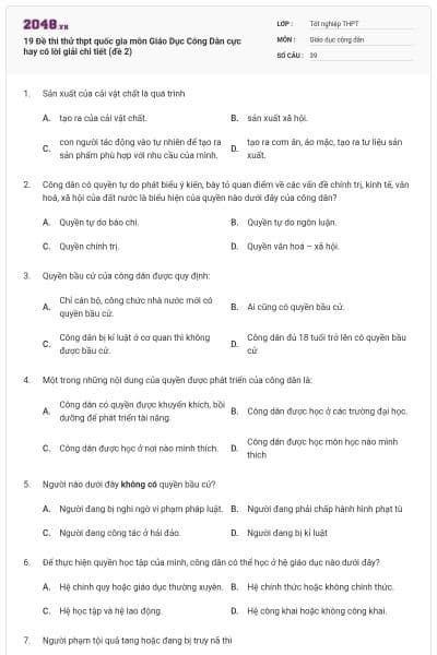 19 Đề thi thử thpt quốc gia môn Giáo Dục Công Dân cực hay có lời giải chi tiết (đề 2)