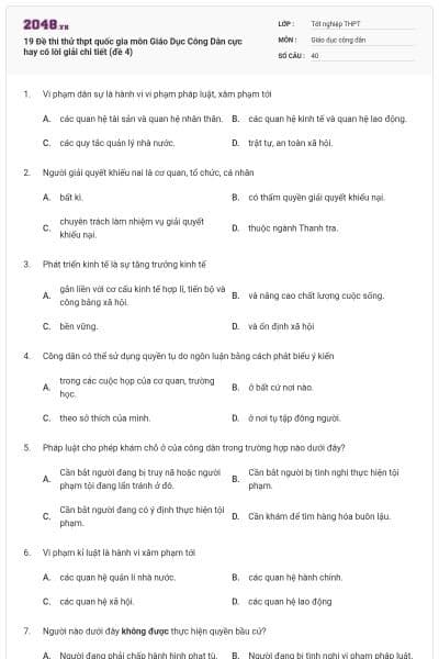 19 Đề thi thử thpt quốc gia môn Giáo Dục Công Dân cực hay có lời giải chi tiết (đề 4)