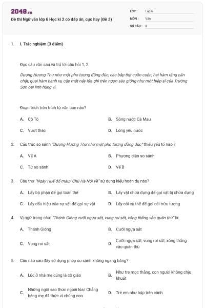 Đề thi Ngữ văn lớp 6 Học kì 2 có đáp án, cực hay (Đề 3)