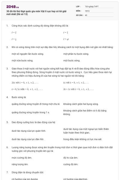 30 đề thi thử thpt quốc gia môn Vật lí cực hay có lời giải mới nhất (Đề số 13)