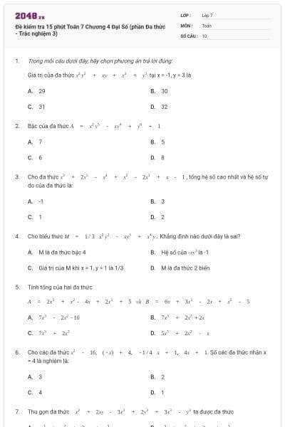Đề kiểm tra 15 phút Toán 7 Chương 4 Đại Số (phần Đa thức - Trắc nghiệm 3)
