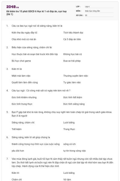 Đề kiểm tra 15 phút GDCD 6 Học kì 1 có đáp án, cực hay (Đề 1)