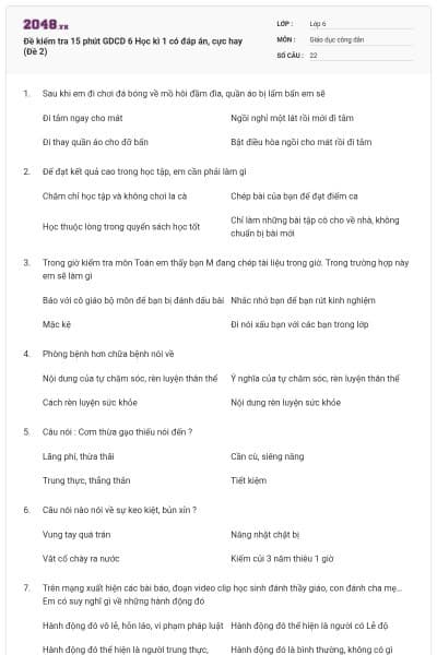 Đề kiểm tra 15 phút GDCD 6 Học kì 1 có đáp án, cực hay (Đề 2)