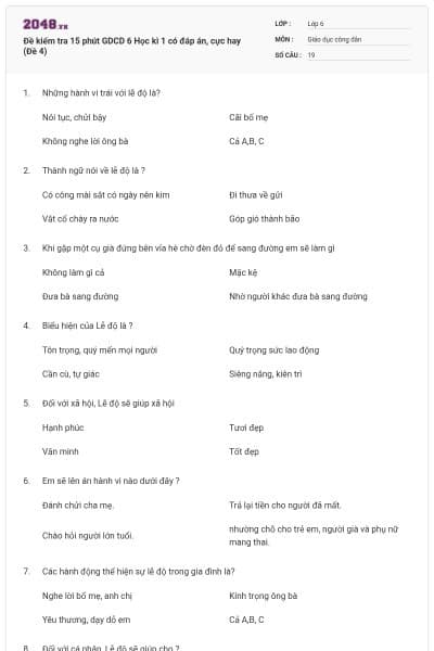 Đề kiểm tra 15 phút GDCD 6 Học kì 1 có đáp án, cực hay (Đề 4)