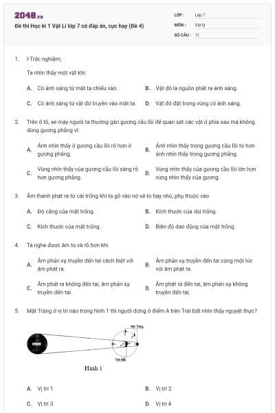 Đề thi Học kì 1 Vật Lí lớp 7 có đáp án, cực hay (Đề 4)