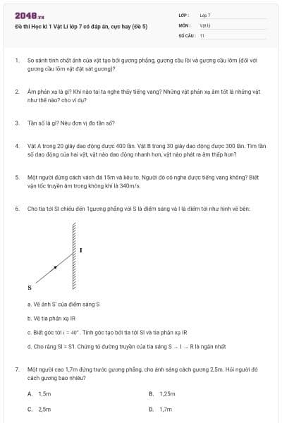 Đề thi Học kì 1 Vật Lí lớp 7 có đáp án, cực hay (Đề 5)