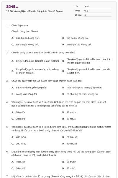 15 Bài trắc nghiệm - Chuyển động tròn đều có đáp án