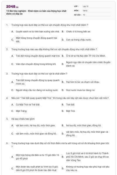 15 Bài trắc nghiệm - Khái niệm cơ bản của Động học chất điểm có đáp án