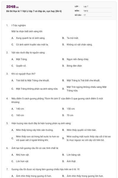 Đề thi Học kì 1 Vật Lí lớp 7 có đáp án, cực hay (Đề 6)