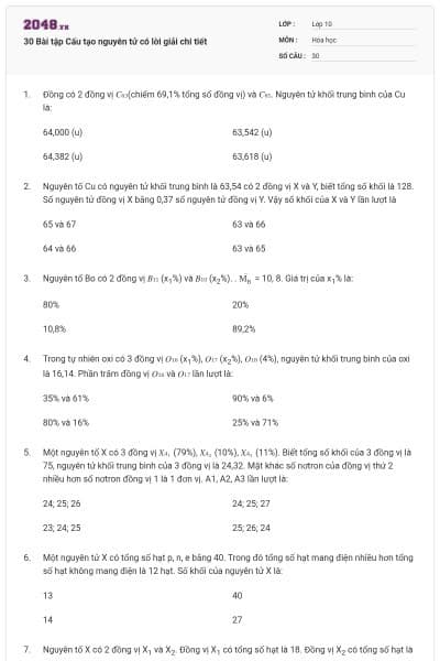 30 Bài tập Cấu tạo nguyên tử có lời giải chi tiết