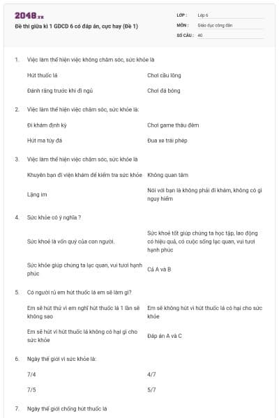 Đề thi giữa kì 1 GDCD 6 có đáp án, cực hay (Đề 1)