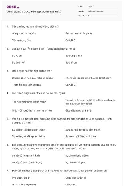 Đề thi giữa kì 1 GDCD 6 có đáp án, cực hay (Đề 3)