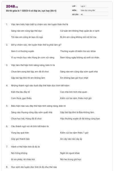 Đề thi giữa kì 1 GDCD 6 có đáp án, cực hay (Đề 4)