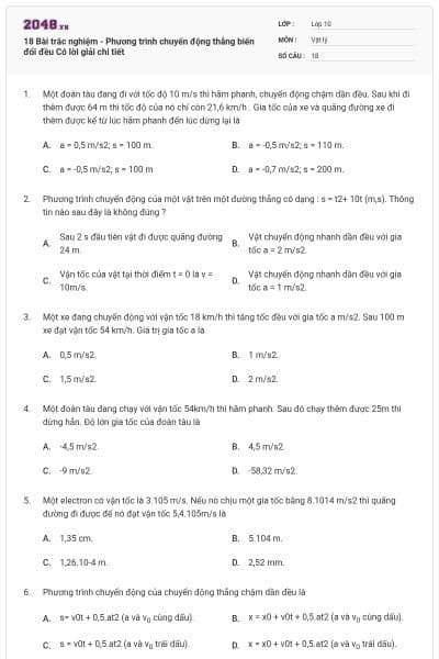 18 Bài trắc nghiệm - Phương trình chuyển động thẳng biến đổi đều Có lời giải chi tiết