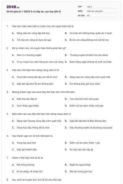 Đề thi giữa kì 1 GDCD 6 có đáp án, cực hay (Đề 4)