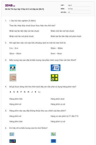 Đề thi Tin học lớp 3 Học kì 2 có đáp án (Đề 5)