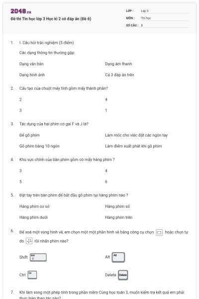 Đề thi Tin học lớp 3 Học kì 2 có đáp án (Đề 6)