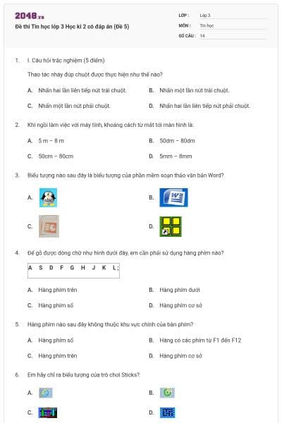 Đề thi Tin học lớp 3 Học kì 2 có đáp án (Đề 5)