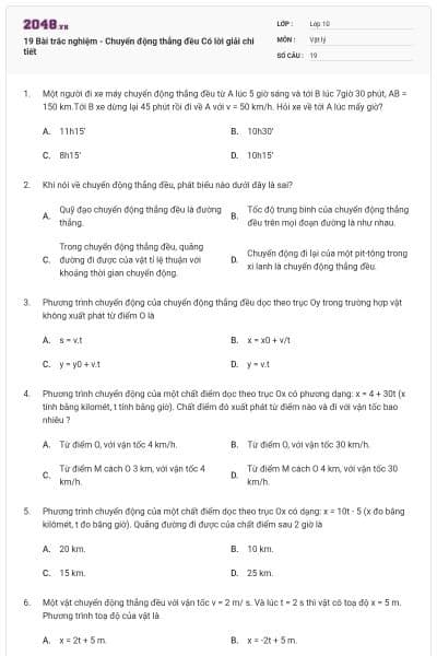 19 Bài trắc nghiệm - Chuyển động thẳng đều Có lời giải chi tiết