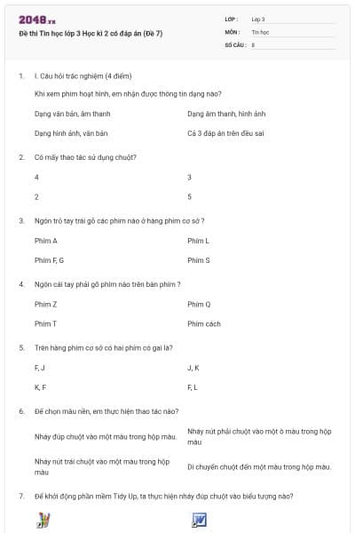 Đề thi Tin học lớp 3 Học kì 2 có đáp án (Đề 7)