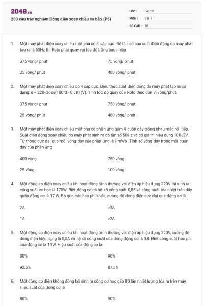 200 câu trắc nghiệm Dòng điện xoay chiều cơ bản (P6)