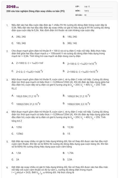 200 câu trắc nghiệm Dòng điện xoay chiều cơ bản (P5)