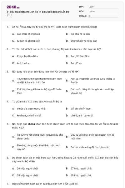 31 câu Trắc nghiệm Lịch Sử 11 Bài 2 (có đáp án): Ấn Độ (P1)