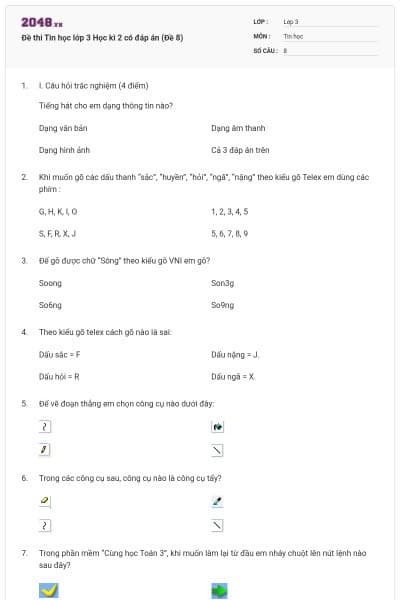 Đề thi Tin học lớp 3 Học kì 2 có đáp án (Đề 8)
