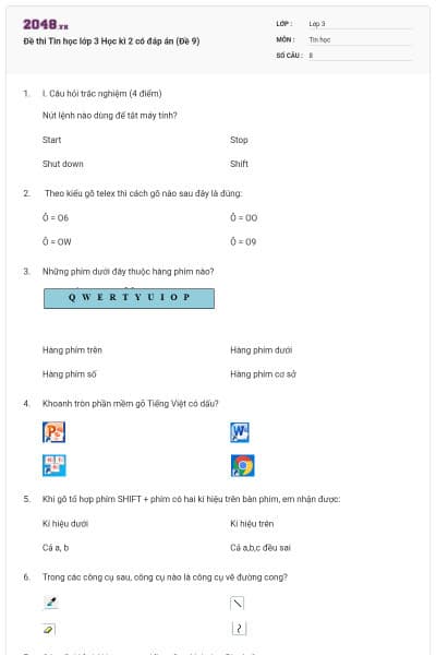 Đề thi Tin học lớp 3 Học kì 2 có đáp án (Đề 9)