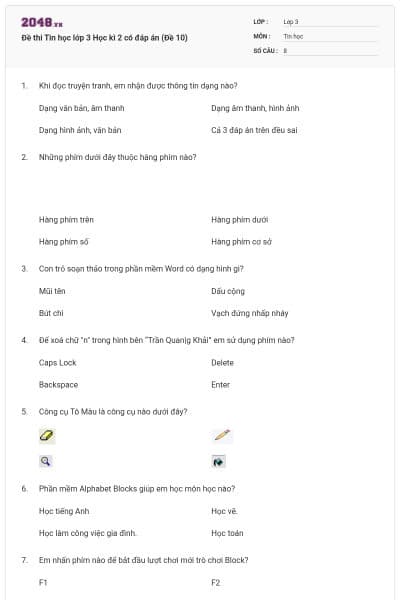 Đề thi Tin học lớp 3 Học kì 2 có đáp án (Đề 10)