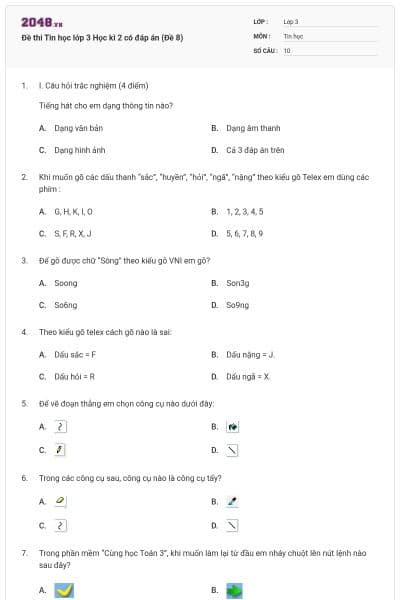 Đề thi Tin học lớp 3 Học kì 2 có đáp án (Đề 8)