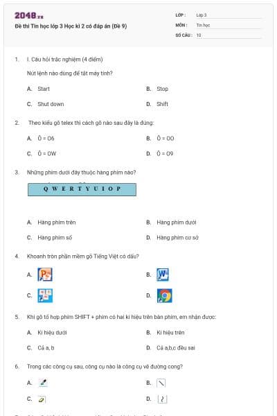 Đề thi Tin học lớp 3 Học kì 2 có đáp án (Đề 9)