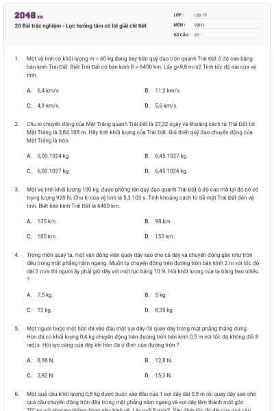 20 Bài trắc nghiệm - Lực hướng tâm có lời giải chi tiết