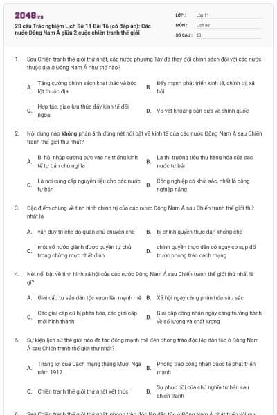 20 câu Trắc nghiệm Lịch Sử 11 Bài 16 (có đáp án): Các nước Đông Nam Á giữa 2 cuộc chiến tranh thế giới