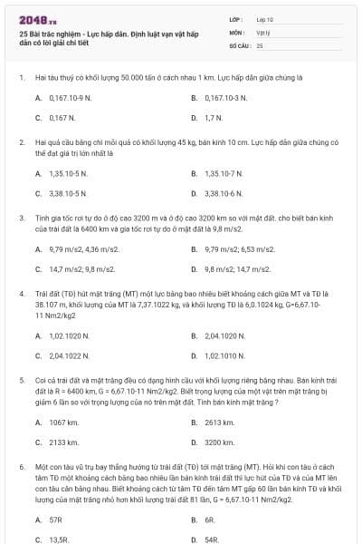 25 Bài trắc nghiệm - Lực hấp dẫn. Định luật vạn vật hấp dẫn có lời giải chi tiết