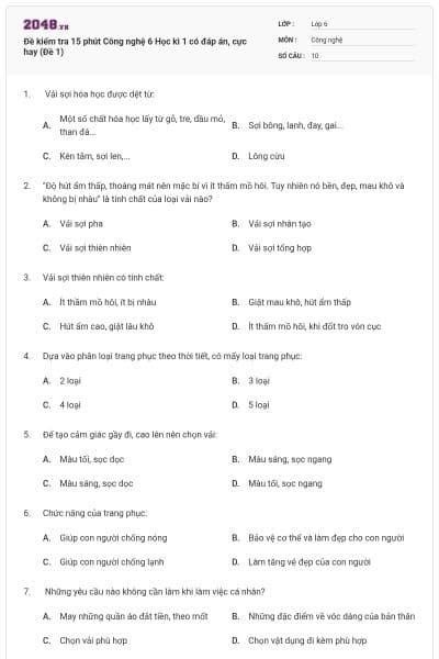Đề kiểm tra 15 phút Công nghệ 6 Học kì 1 có đáp án, cực hay (Đề 1)
